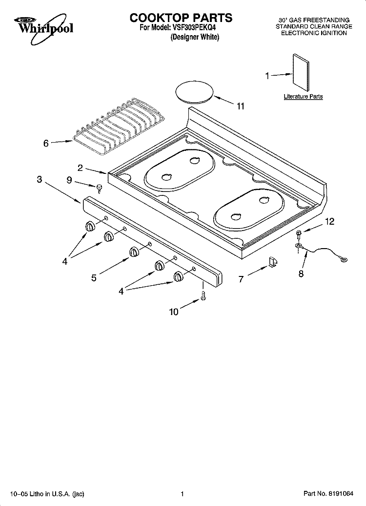 COOKTOP PARTS Diagram and Parts List for VSF303PEKQ4  Whirlpool Range