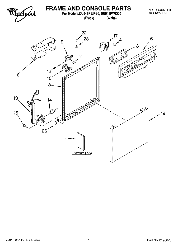FRAME AND CONSOLE, LITERATURE Diagram and Parts List for DU948PWKB0  Whirlpool Dishwasher