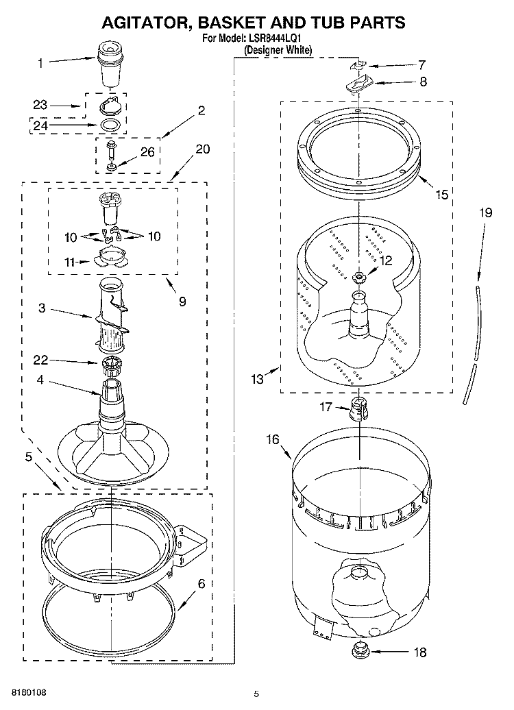 AGITATOR, BASKET AND TUB PARTS Diagram and Parts List for LSR8444LQ1  Whirlpool Washer