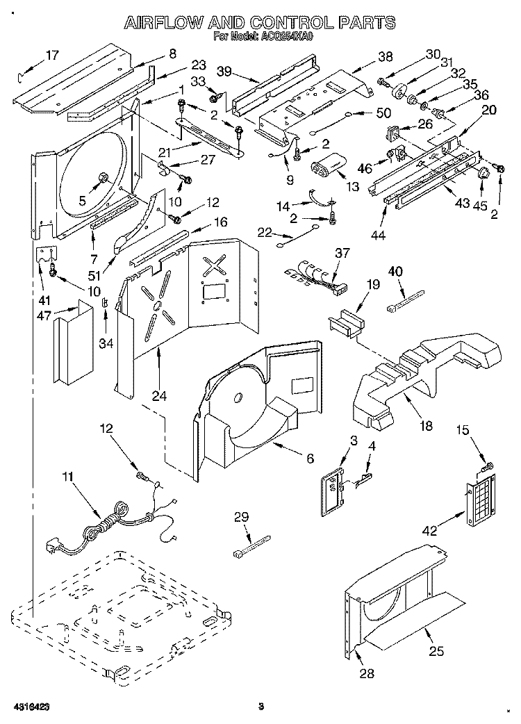 AIRFLOW AND CONTROL Diagram and Parts List for ACQ254XA0  Whirlpool Air Conditioner