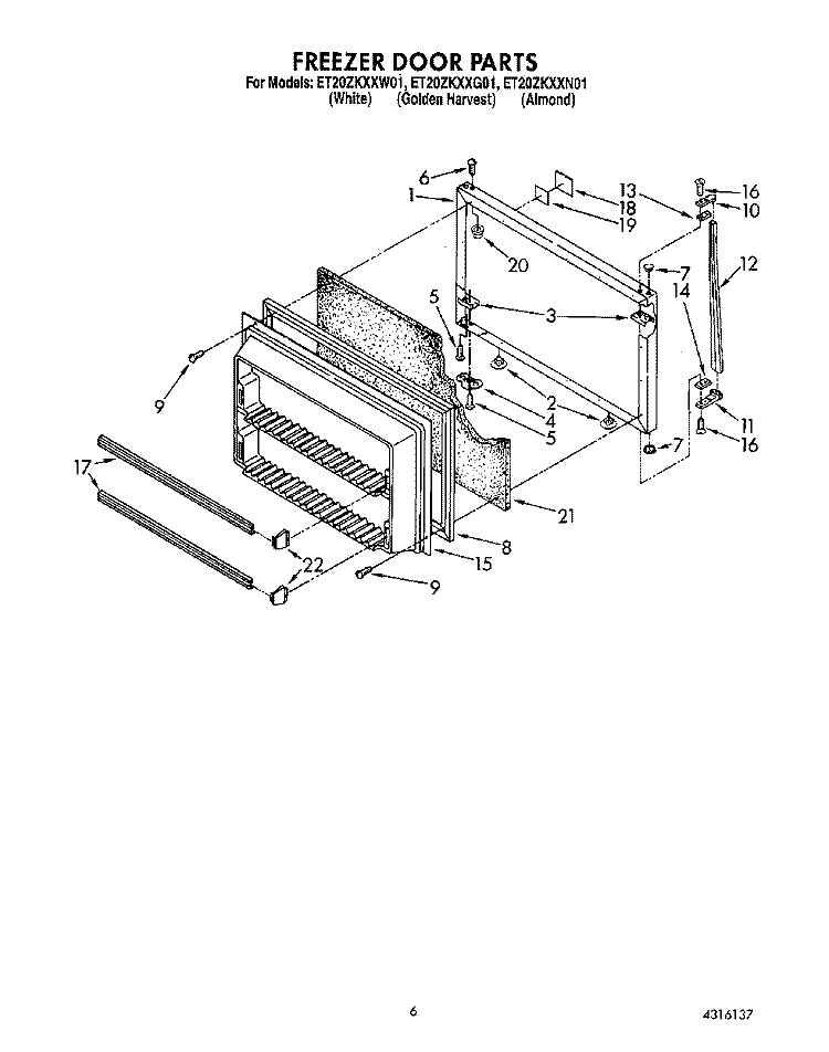 FREEZER DOOR Diagram and Parts List for ET20ZKXXW01  Whirlpool Refrigerator