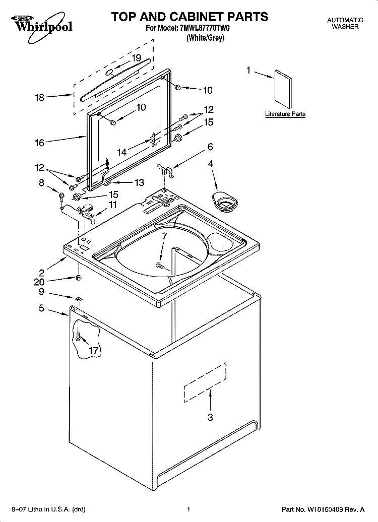 TOP AND CABINET PARTS Diagram and Parts List for 7MWL87770TW0  Whirlpool Washer