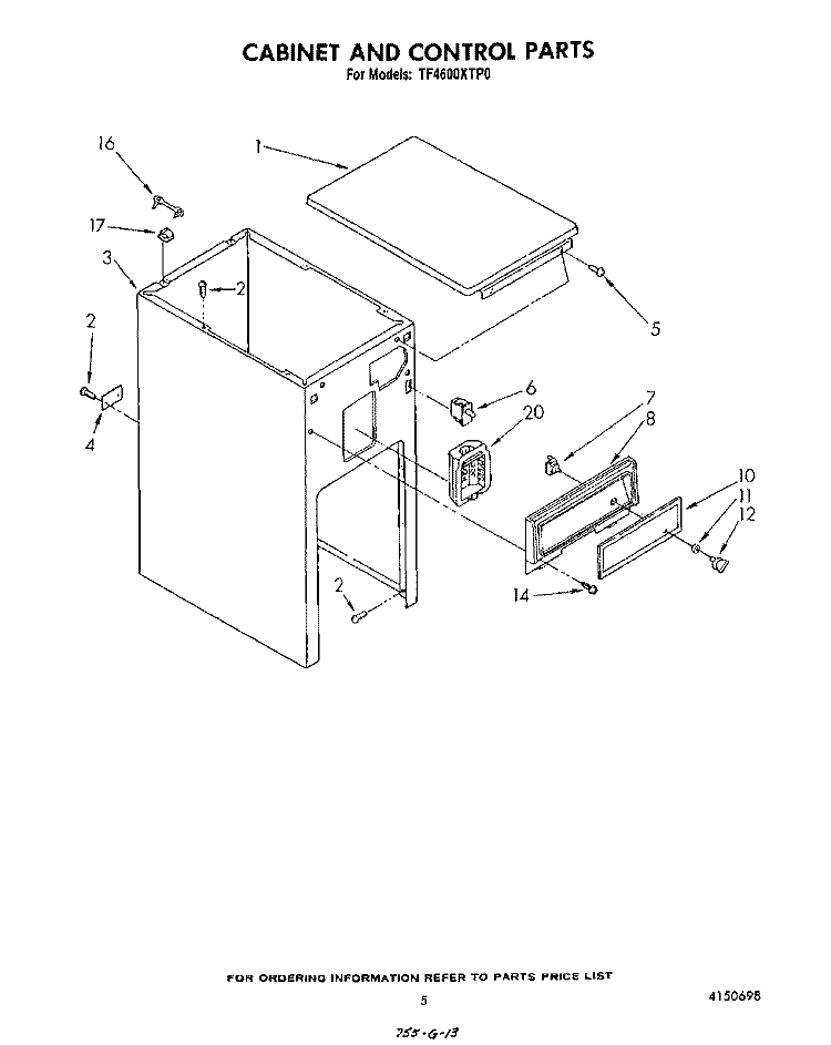 CABINET AND CONTROL Diagram and Parts List for TF4600XTP0  Whirlpool Trash Compactor