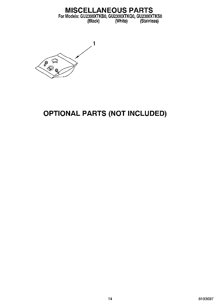 MISCELLANEOUS Diagram and Parts List for GU2300XTKQ0  Whirlpool Dishwasher