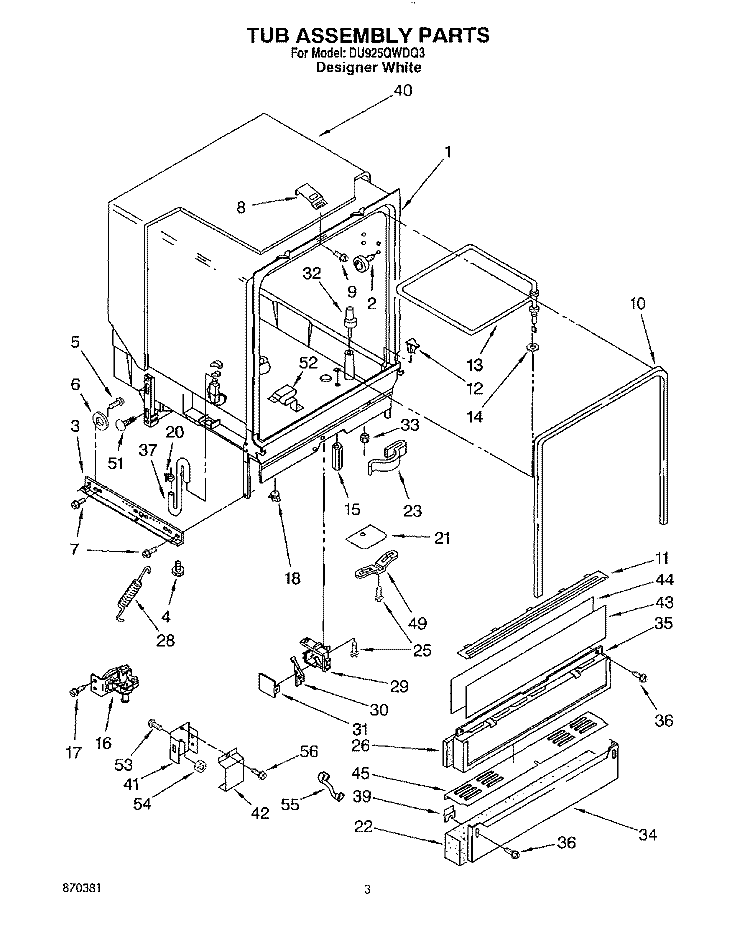 TUB ASSEMBLY Diagram and Parts List for DU925QWDQ3  Whirlpool Dishwasher