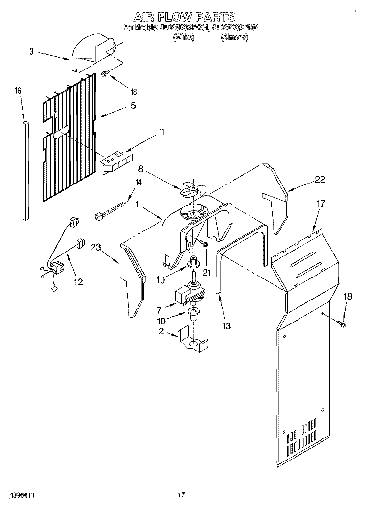 AIR FLOW Diagram and Parts List for 4ED25DQXFW01  Whirlpool Refrigerator