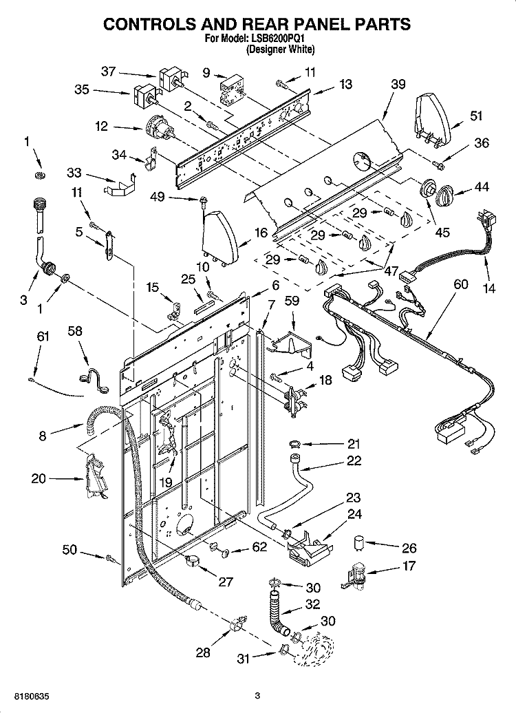 CONTROLS AND REAR PANEL PARTS Diagram and Parts List for LSB6200PQ1  Whirlpool Washer