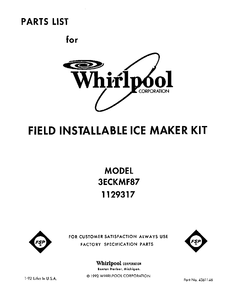 SECTION Diagram and Parts List for 3ECKMF87  Whirlpool Ice Maker