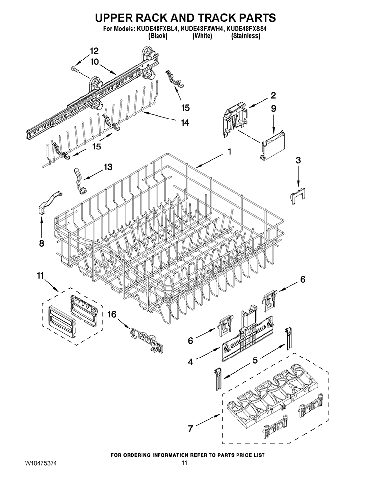 UPPER RACK AND TRACK PARTS Diagram and Parts List for KUDE48FXBL4  KitchenAid Dishwasher