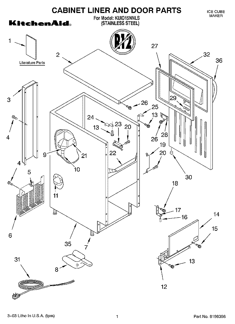CABINET LINER AND DOOR PARTS Diagram and Parts List for KUIO15NNLS  KitchenAid Ice Maker