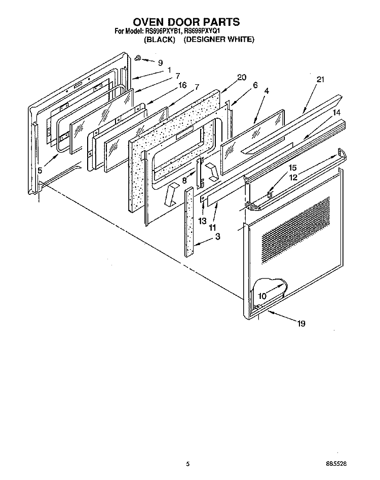 OVEN DOOR Diagram and Parts List for RS696PXYB1  Whirlpool Range
