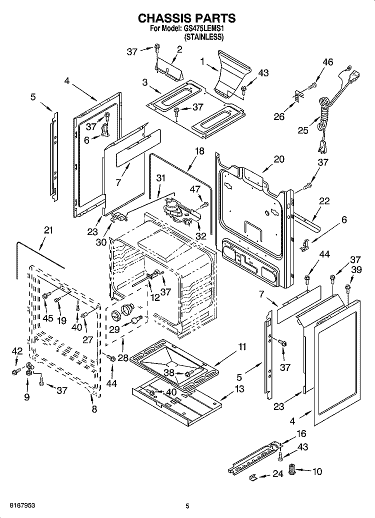 CHASSIS PARTS Diagram and Parts List for GS475LEMS1  Whirlpool Range