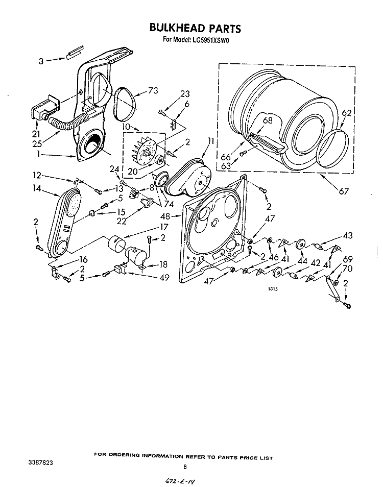 BULKHEAD Diagram and Parts List for LG5951XSW0  Whirlpool Dryer