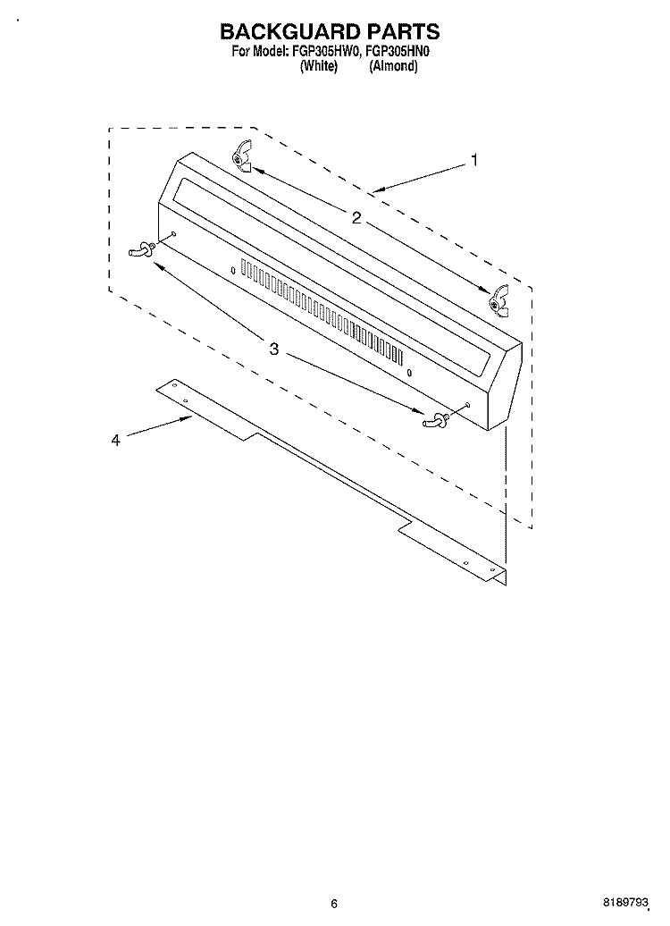 BACKGUARD Diagram and Parts List for FGP305HW0  Roper Range