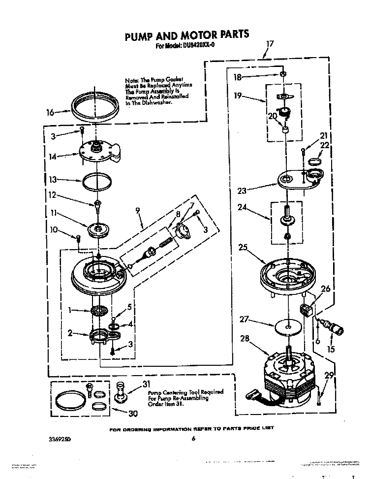 PUMP AND MOTOR Diagram and Parts List for DU9420XX0  Whirlpool Dishwasher