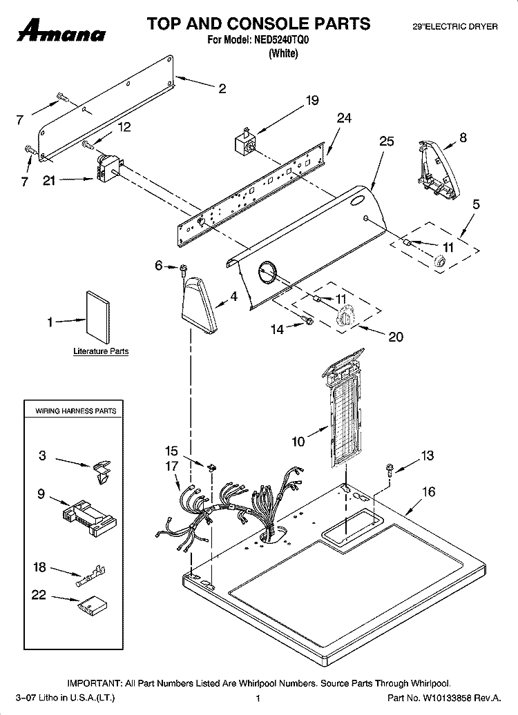 TOP AND CONSOLE PARTS Diagram and Parts List for NED5240TQ0  Amana Dryer