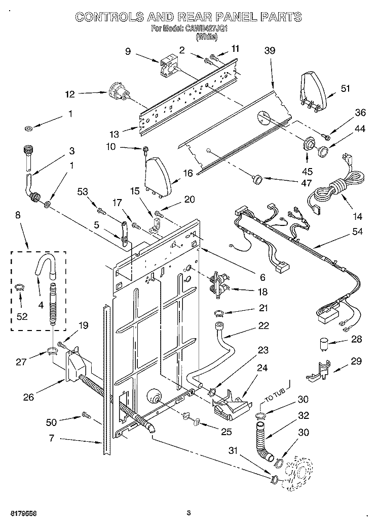 CONTROLS AND REAR PANEL Diagram and Parts List for CAWB427JQ1  Crosley Washer