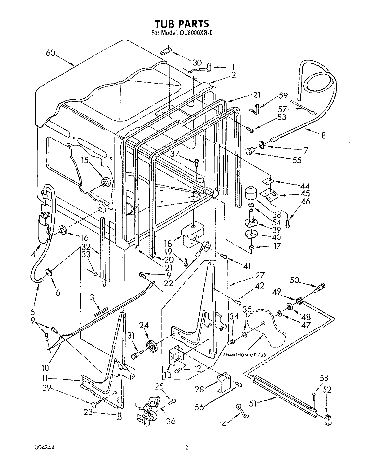 TUB, LIT/OPTIONAL Diagram and Parts List for DU8000XR0  Whirlpool Dishwasher
