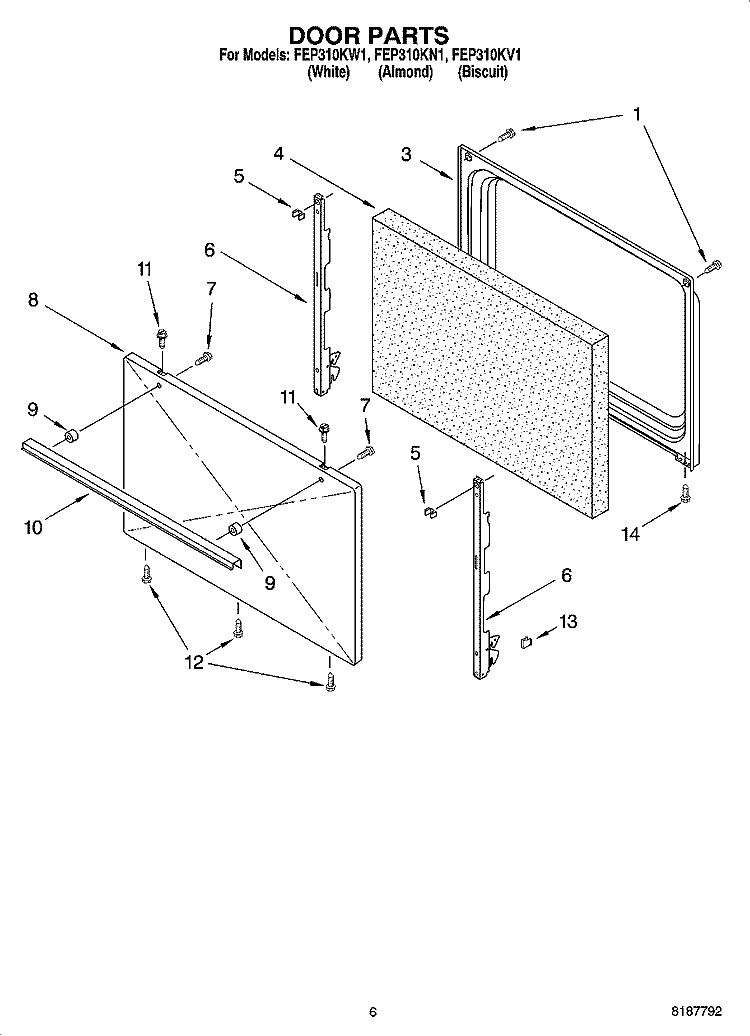 DOOR PARTS, MISCELLANEOUS PARTS Diagram and Parts List for FEP310KW1  Roper Range
