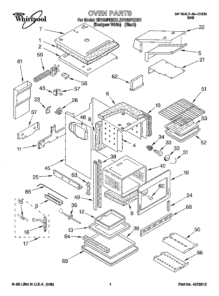 OVEN Diagram and Parts List for SB160PEDQ1  Whirlpool Wall Oven
