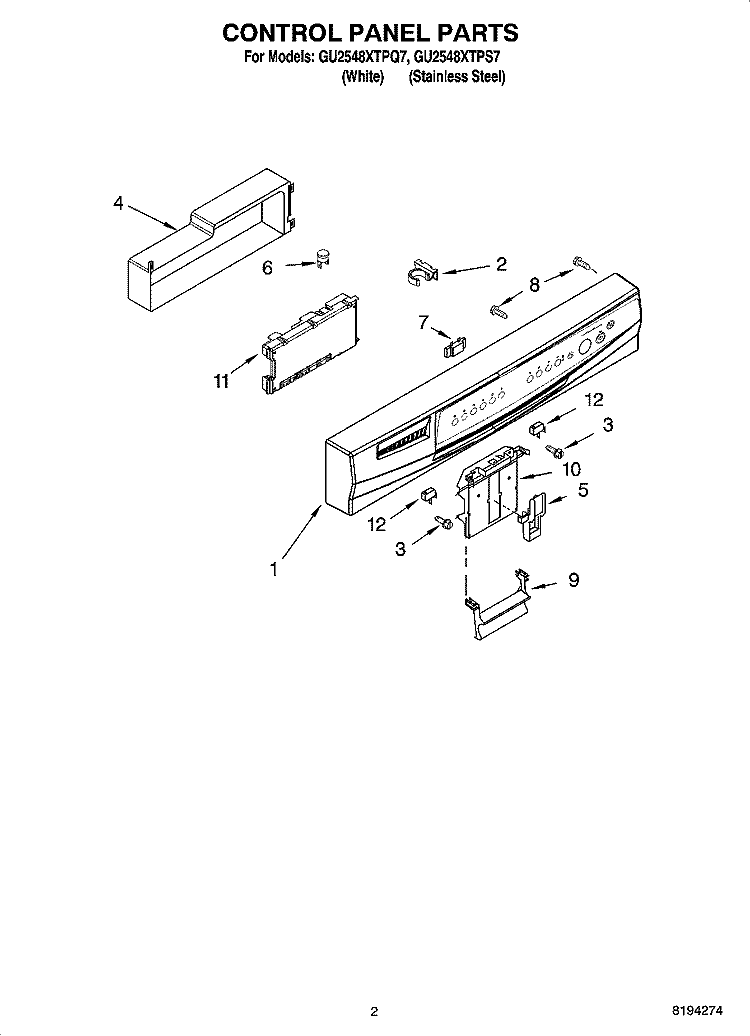 CONTROL PANEL PARTS Diagram and Parts List for GU2548XTPQ7  Whirlpool Dishwasher