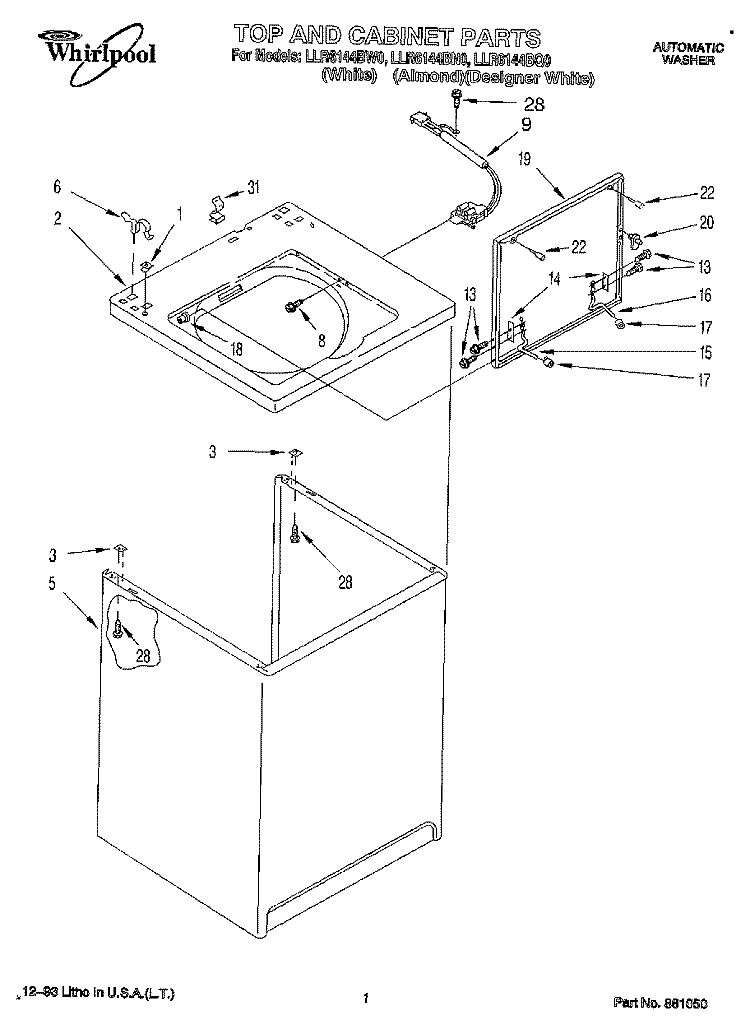 TOP AND CABINET, LIT\OPTIONAL Diagram and Parts List for LLR6144BN0  Whirlpool Washer