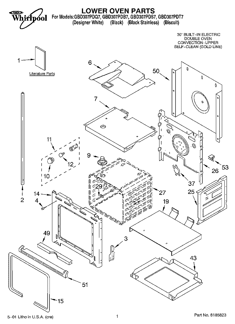 LOWER OVEN, LITERATURE Diagram and Parts List for GBD307PDQ7  Whirlpool Wall Oven