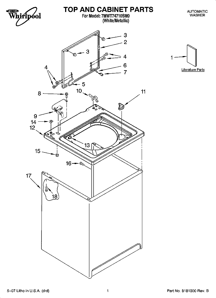 TOP AND CABINET PARTS Diagram and Parts List for 7MWT74710SM0  Whirlpool Washer