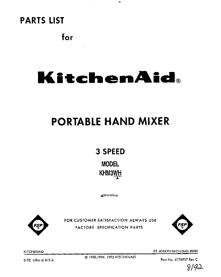 SECTION Diagram and Parts List for KHM3WH  KitchenAid Mixer