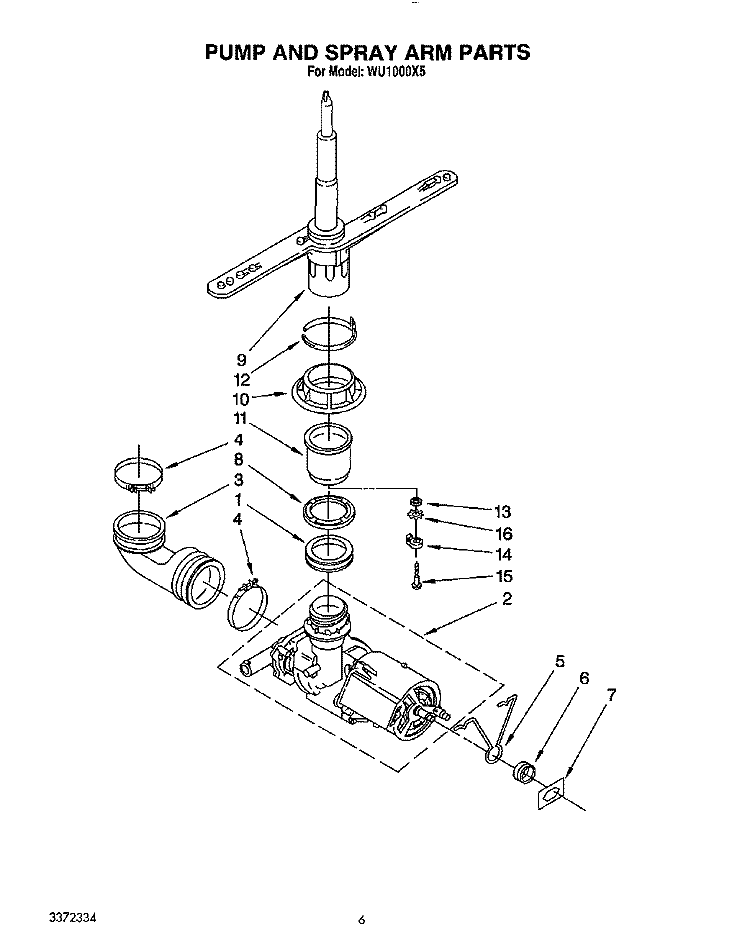 PUMP AND SPRAY ARM Diagram and Parts List for WU1000X5  Roper Dishwasher