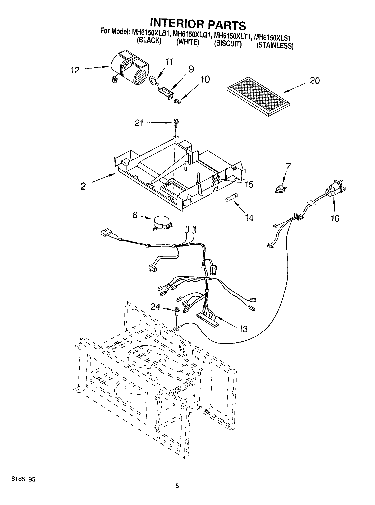 INTERIOR PARTS Diagram and Parts List for MH6150XLB1  Whirlpool Microwave