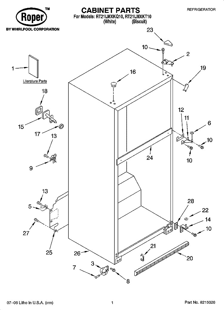 CABINET PARTS Diagram and Parts List for RT21LMXKQ10  Roper Refrigerator