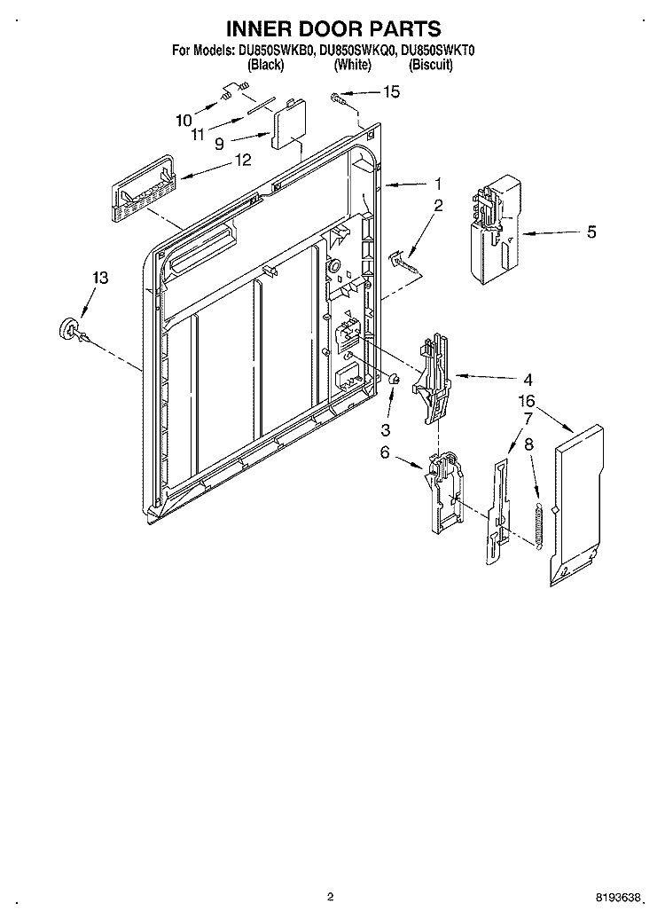 INNER DOOR Diagram and Parts List for DU850SWKQ0  Whirlpool Dishwasher