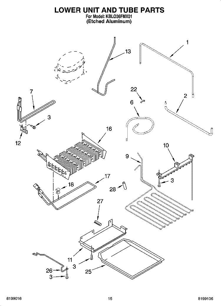 LOWER UNIT AND TUBE PARTS Diagram and Parts List for KBLO36FMX01  KitchenAid Refrigerator