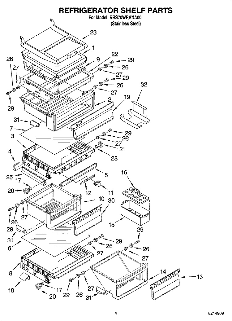 REFRIGERATOR SHELF PARTS Diagram and Parts List for BRS70WRANA00  Whirlpool Refrigerator