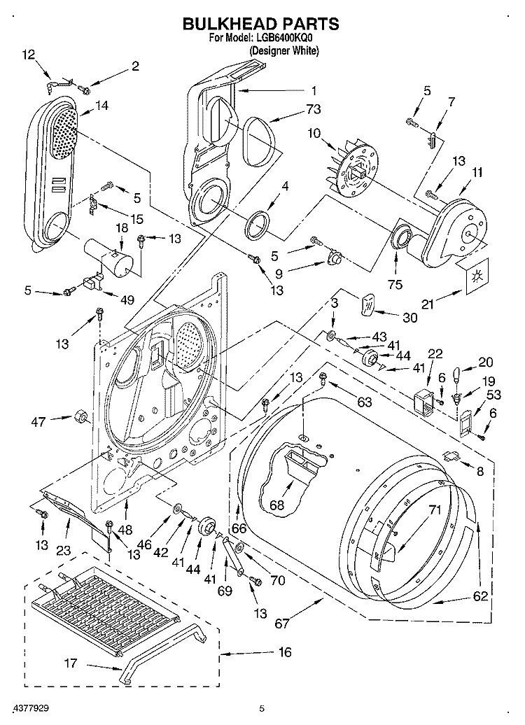 BULKHEAD Diagram and Parts List for LGB6400KQ0  Whirlpool Dryer