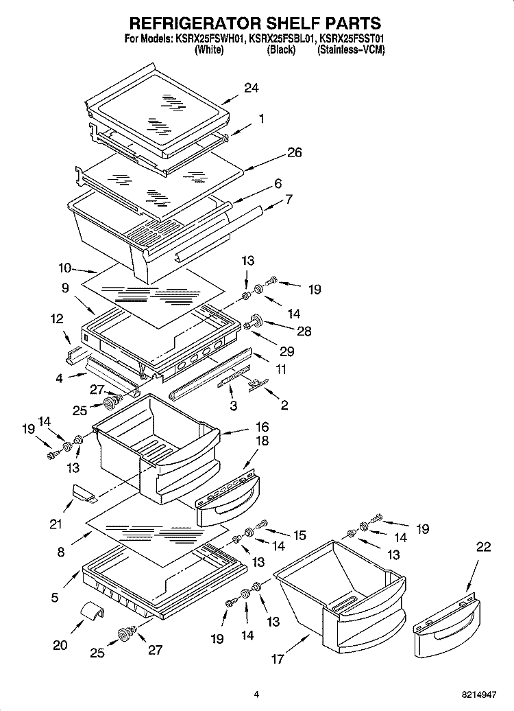 REFRIGERATOR SHELF PARTS Diagram and Parts List for KSRX25FSST01  KitchenAid Refrigerator