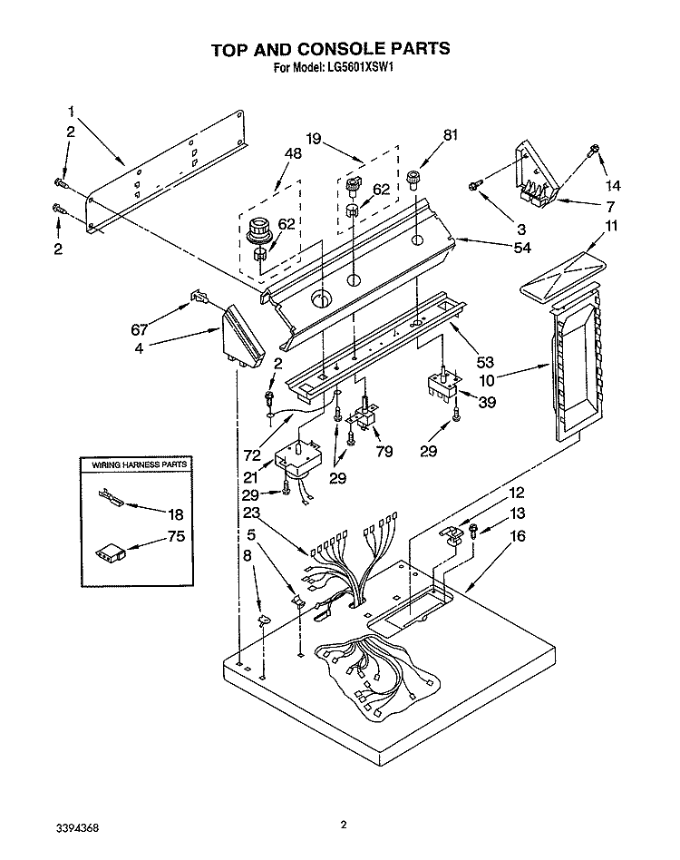TOP AND CONSOLE, LIT/OPTIONAL Diagram and Parts List for LG5601XSW1  Whirlpool Dryer