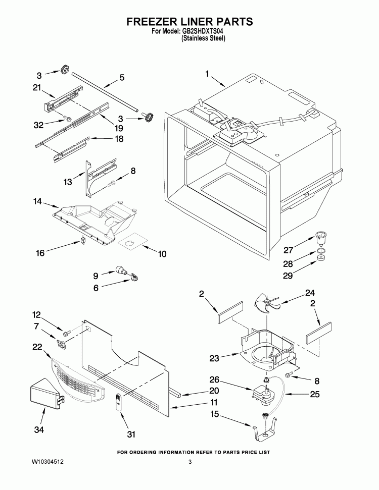 FREEZER LINER PARTS Diagram and Parts List for GB2SHDXTS04  Whirlpool Refrigerator