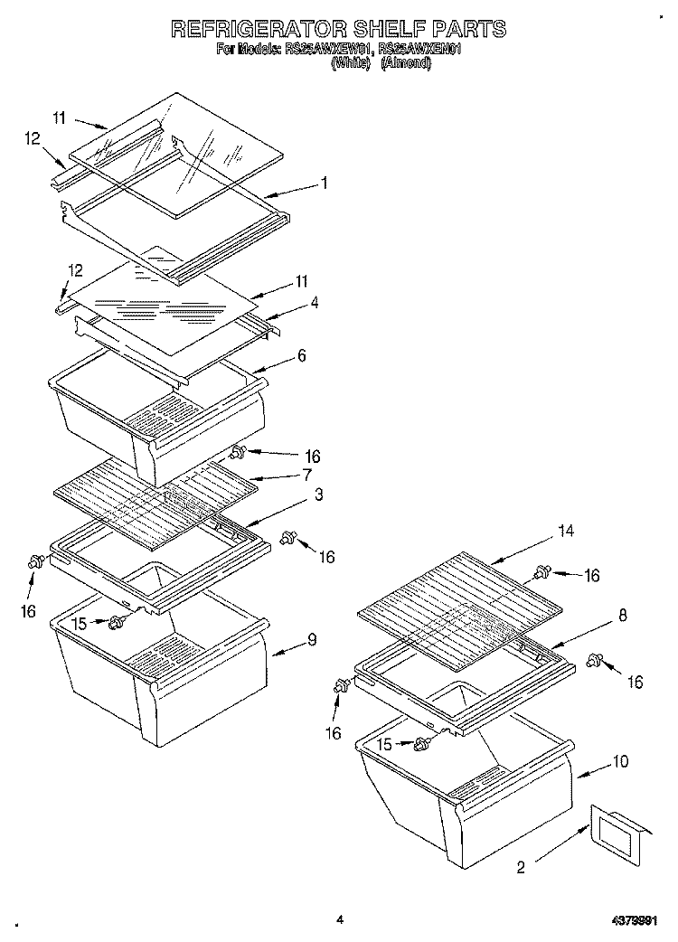 REFRIGERATOR SHELF Diagram and Parts List for RS25AWXEN01  Roper Refrigerator