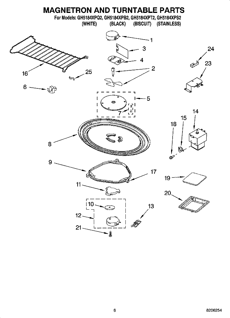 MAGNETRON AND TURNTABLE PARTS Diagram and Parts List for GH5184XPQ2  Whirlpool Microwave