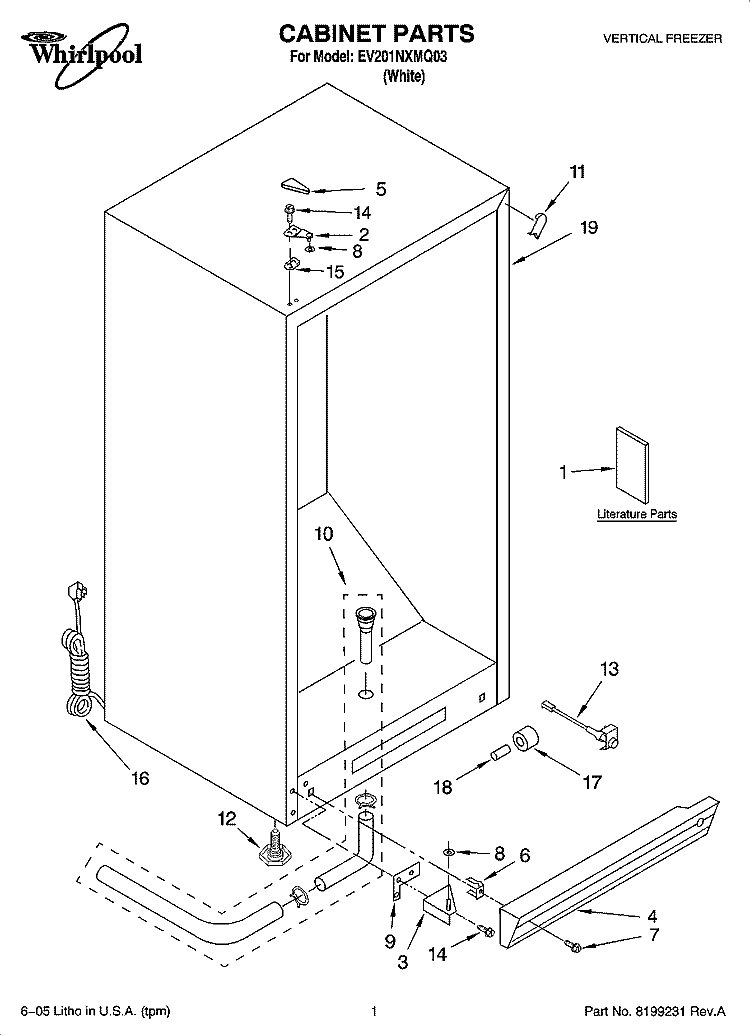 CABINET PARTS Diagram and Parts List for EV201NXMQ03  Whirlpool Freezer