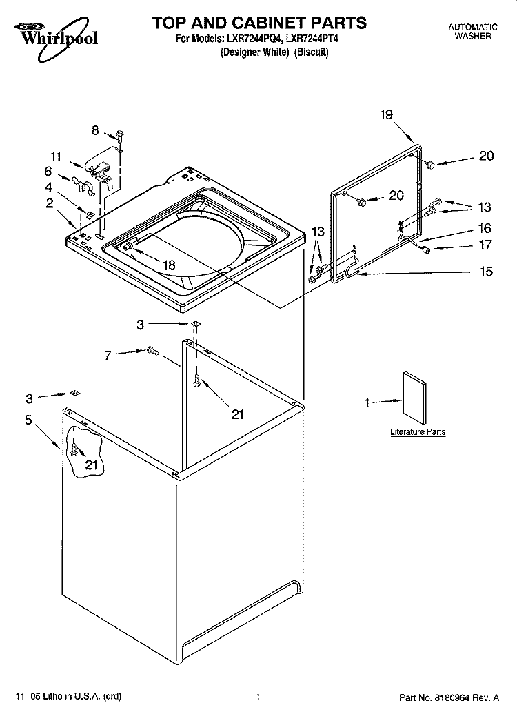 TOP AND CABINET PARTS Diagram and Parts List for LXR7244PQ4  Whirlpool Washer