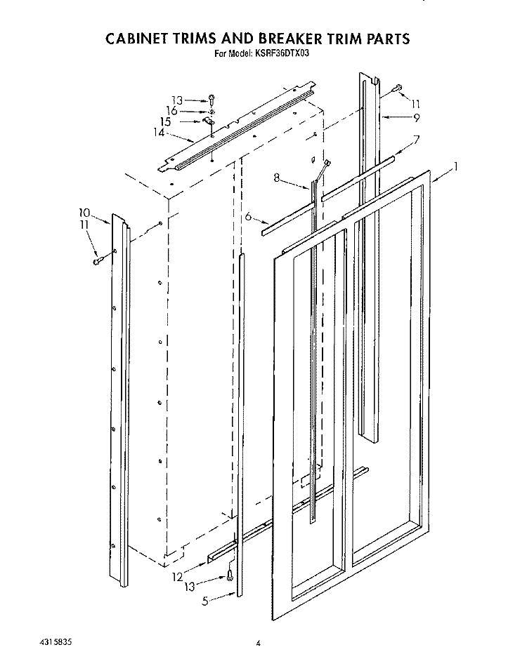CABINET TRIMS AND BREAKER TRIM Diagram and Parts List for KSRF36DTX03  KitchenAid Refrigerator