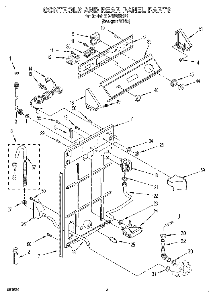 CONTROLS AND REAR PANEL Diagram and Parts List for 3LSC8255EQ1  Whirlpool Washer