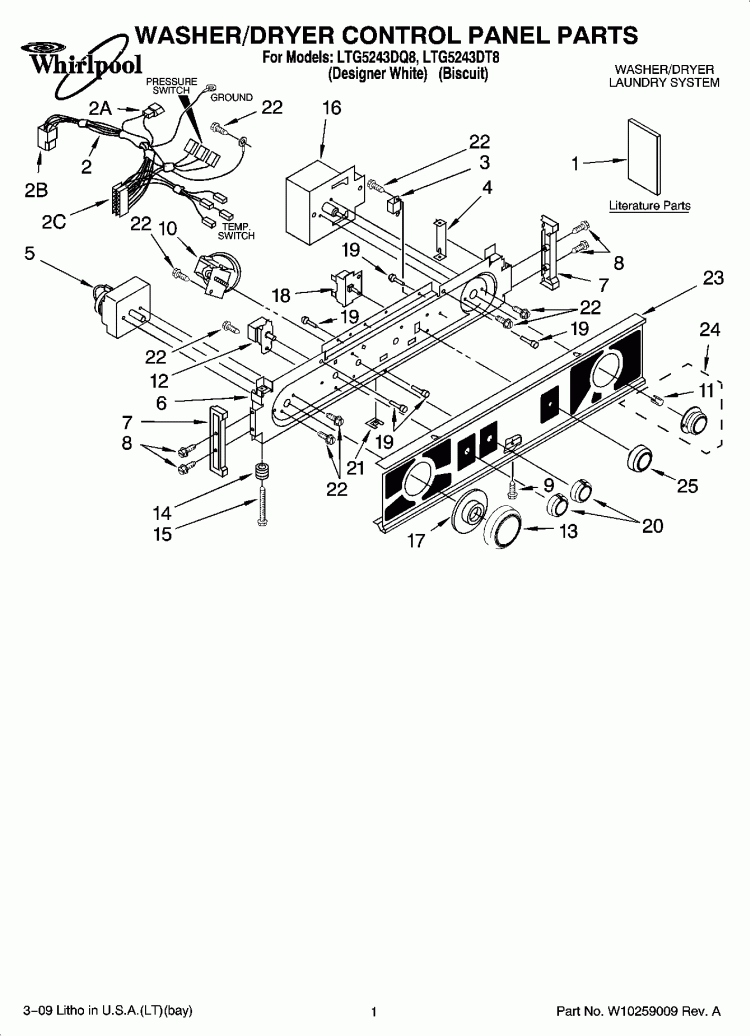 WASHER/DRYER CONTROL PANEL PARTS Diagram and Parts List for LTG5243DT8  Whirlpool Washer Dryer Combo