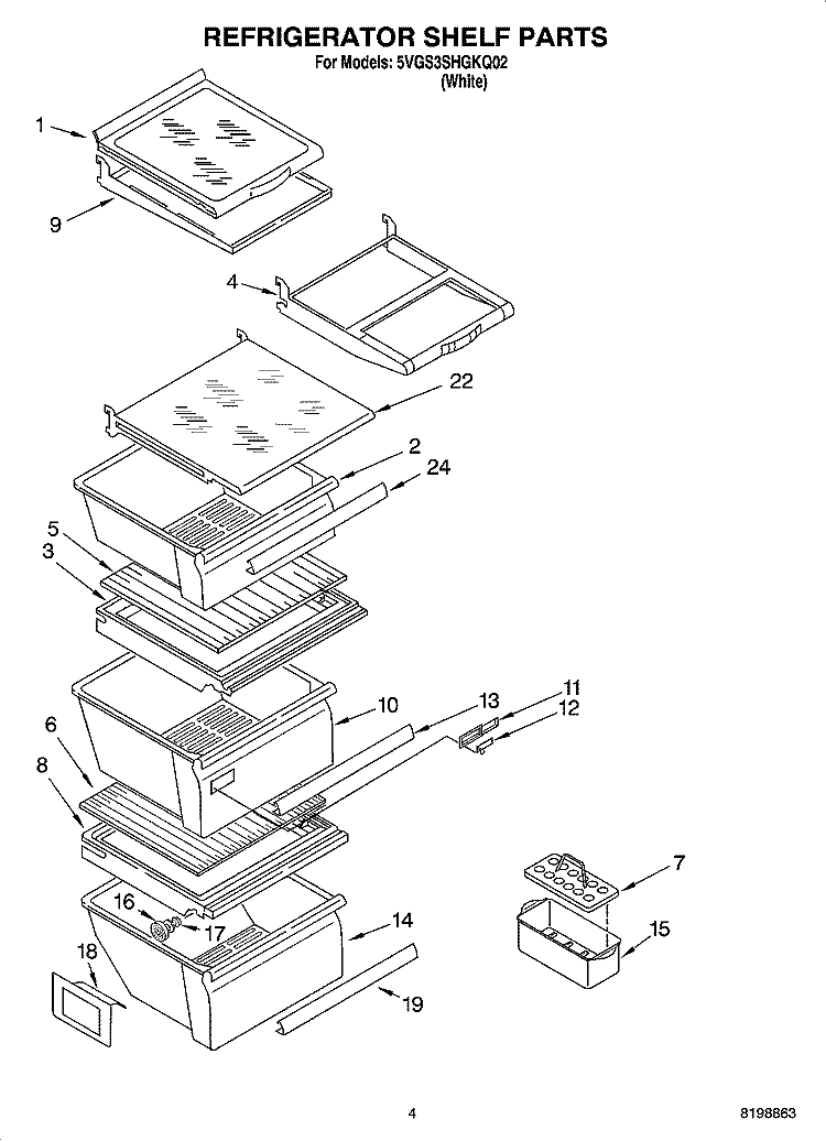 REFRIGERATOR SHELF PARTS Diagram and Parts List for 5VGS3SHGKQ02  Whirlpool Refrigerator