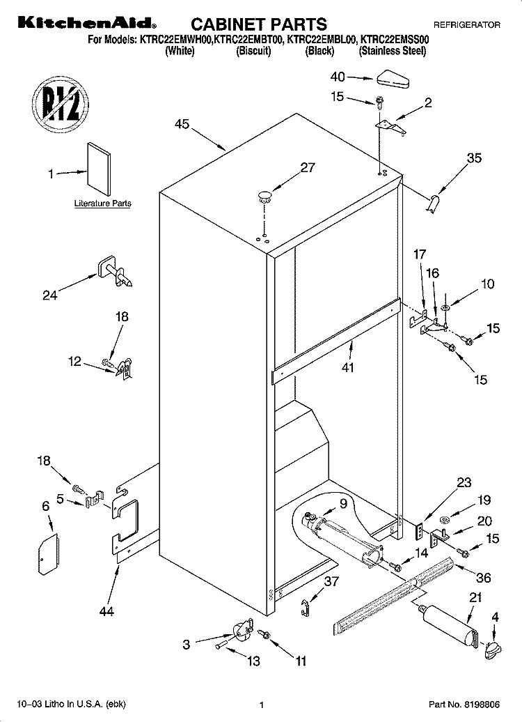 CABINET PARTS Diagram and Parts List for KTRC22EMBT00  KitchenAid Refrigerator