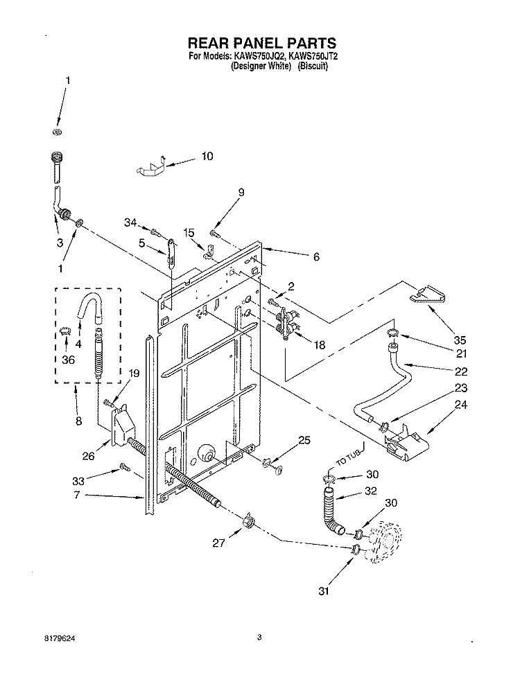 REAR PANEL Diagram and Parts List for KAWS750JT2  KitchenAid Washer