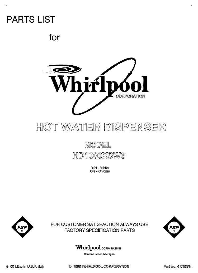 FRONT PAGE Diagram and Parts List for HD1000XSW6  Whirlpool Miscellaneous